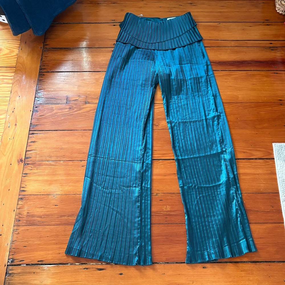 Andrea Iyamah Teal Wide-Leg Pleated Pants - Picture 4 of 6